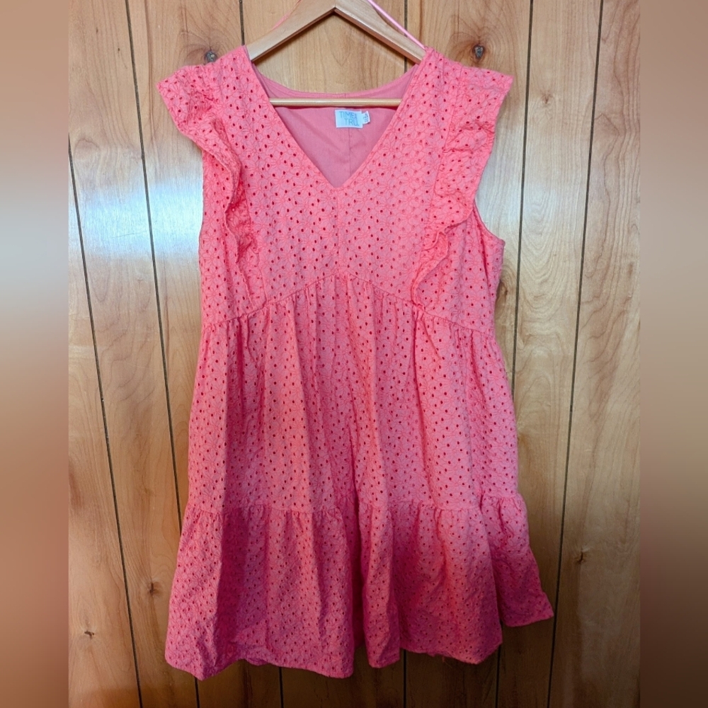 Time and Tru Coral Pink Eyelet Ruffle Dress